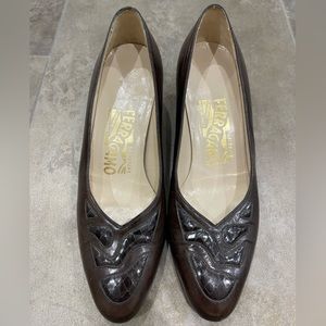 Vintage Ferragamo Pumps Brown Crocodile 5.5